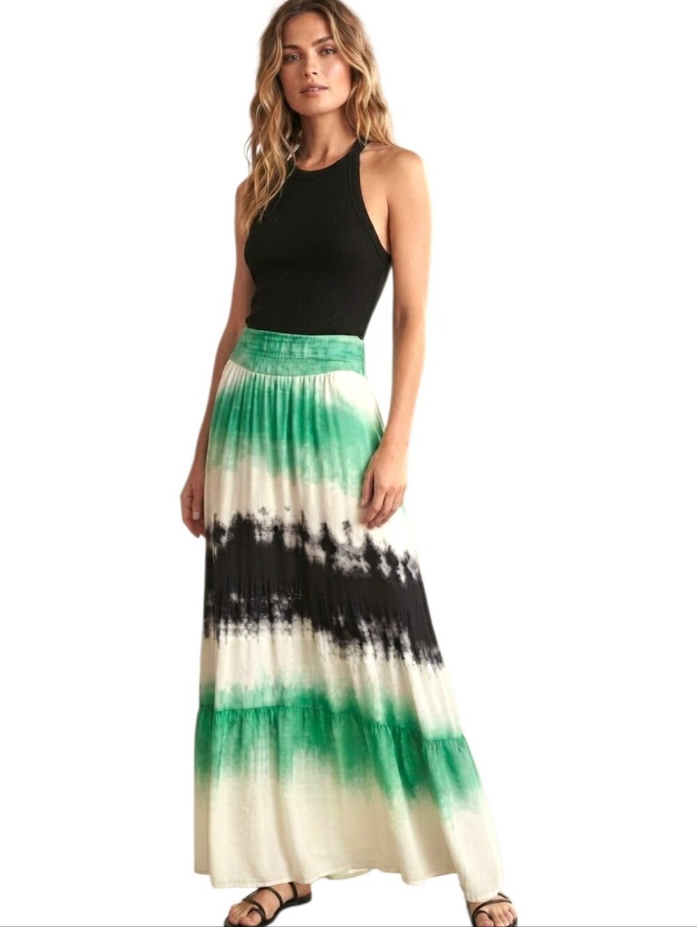 ALC Hopkins 100% Silk Tie Dye Maxi Skirt Green Black Size 0 Side Zip